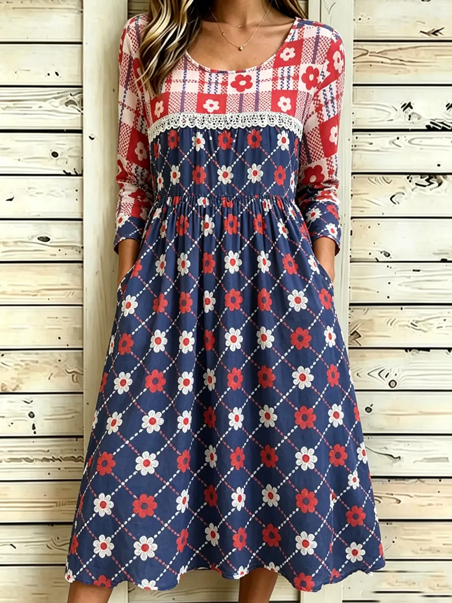 Women's Retro 250th Anniversary Flower Art Printed Dress