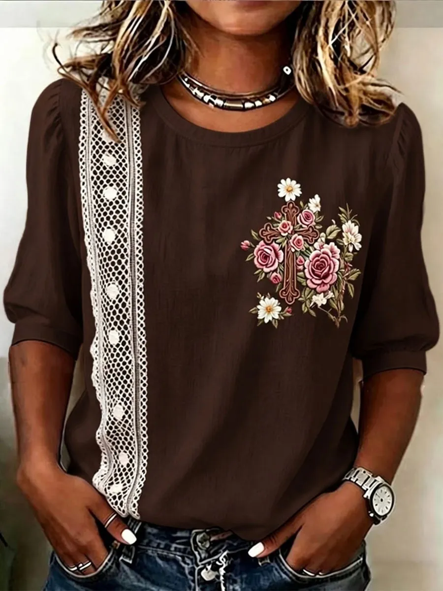 Women'S Cotton And Linen Floral Print Top
