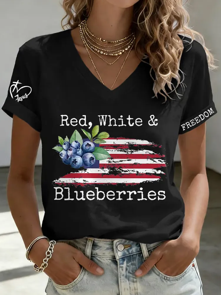 V-Neck Retro Independence Day Red, White & Blueberries Freedom Jesus Print T-Shirt
