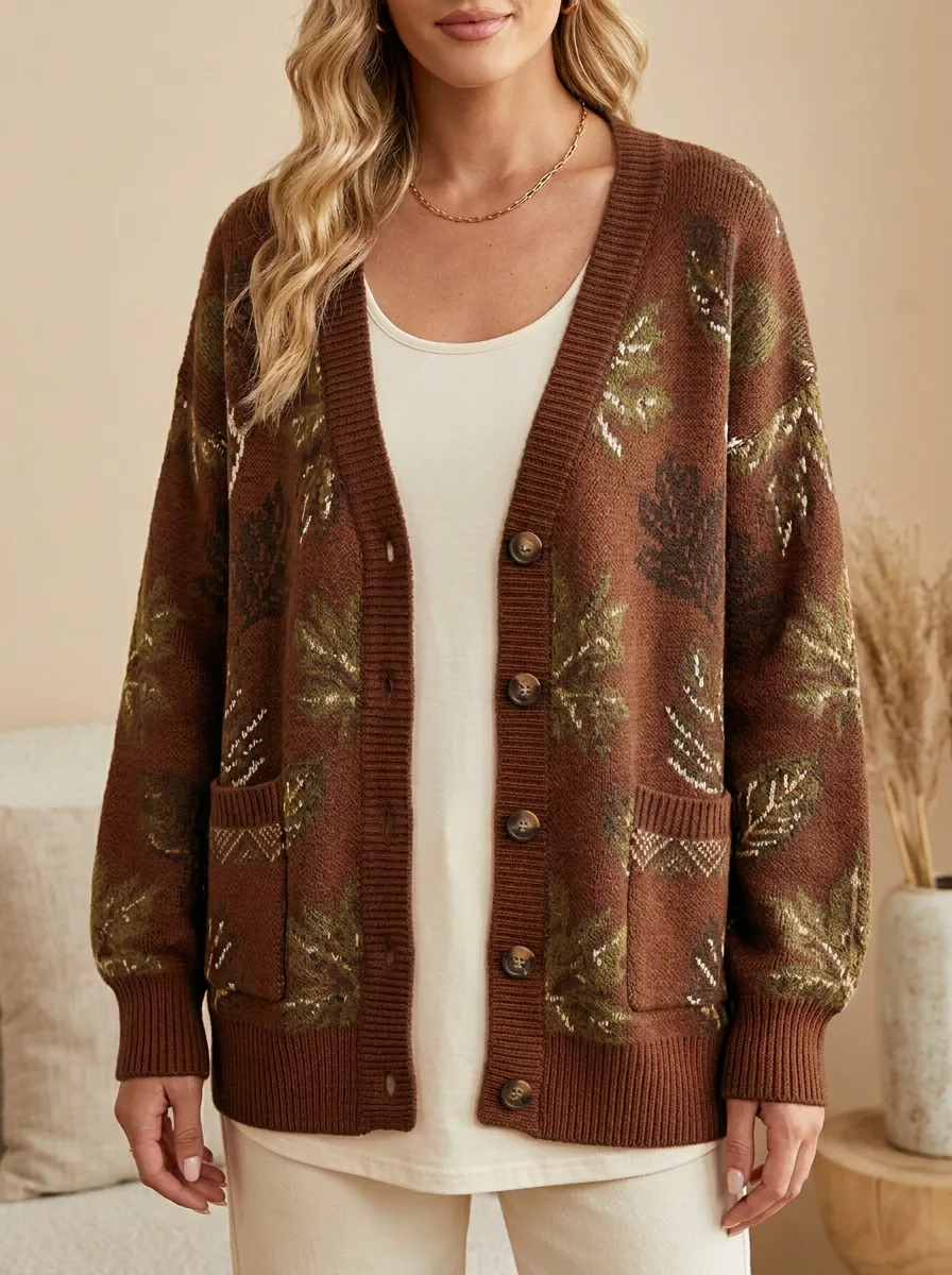 Soft Maple Leaf Pattern Patterned Women's Knit Cardigan