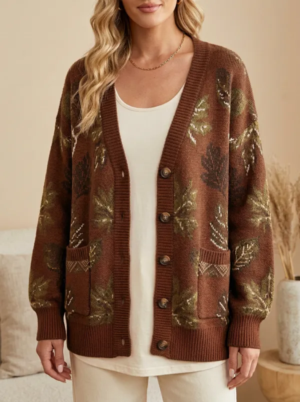 Soft Maple Leaf Pattern Patterned Women's Knit Cardigan
