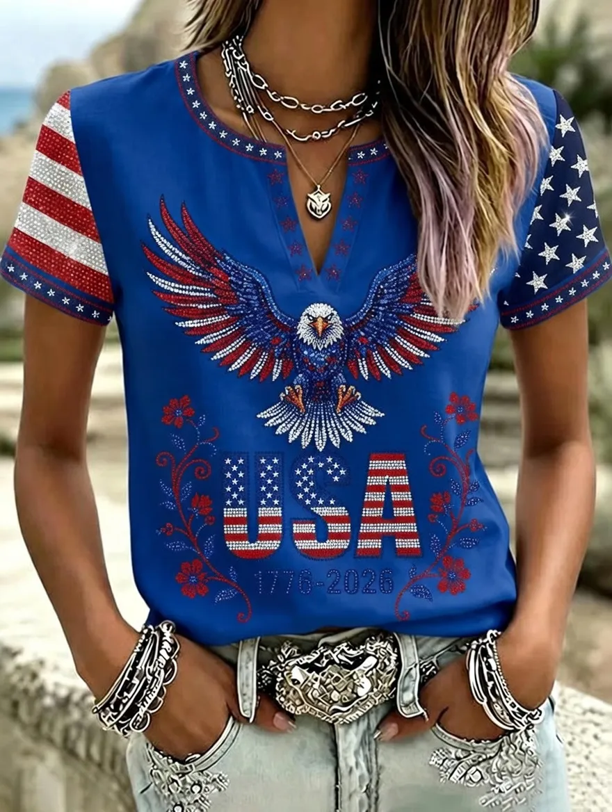 Women'S Casual Cotton Linen American Independence Day Floral Art Printed Short Sleeved T-Shirt