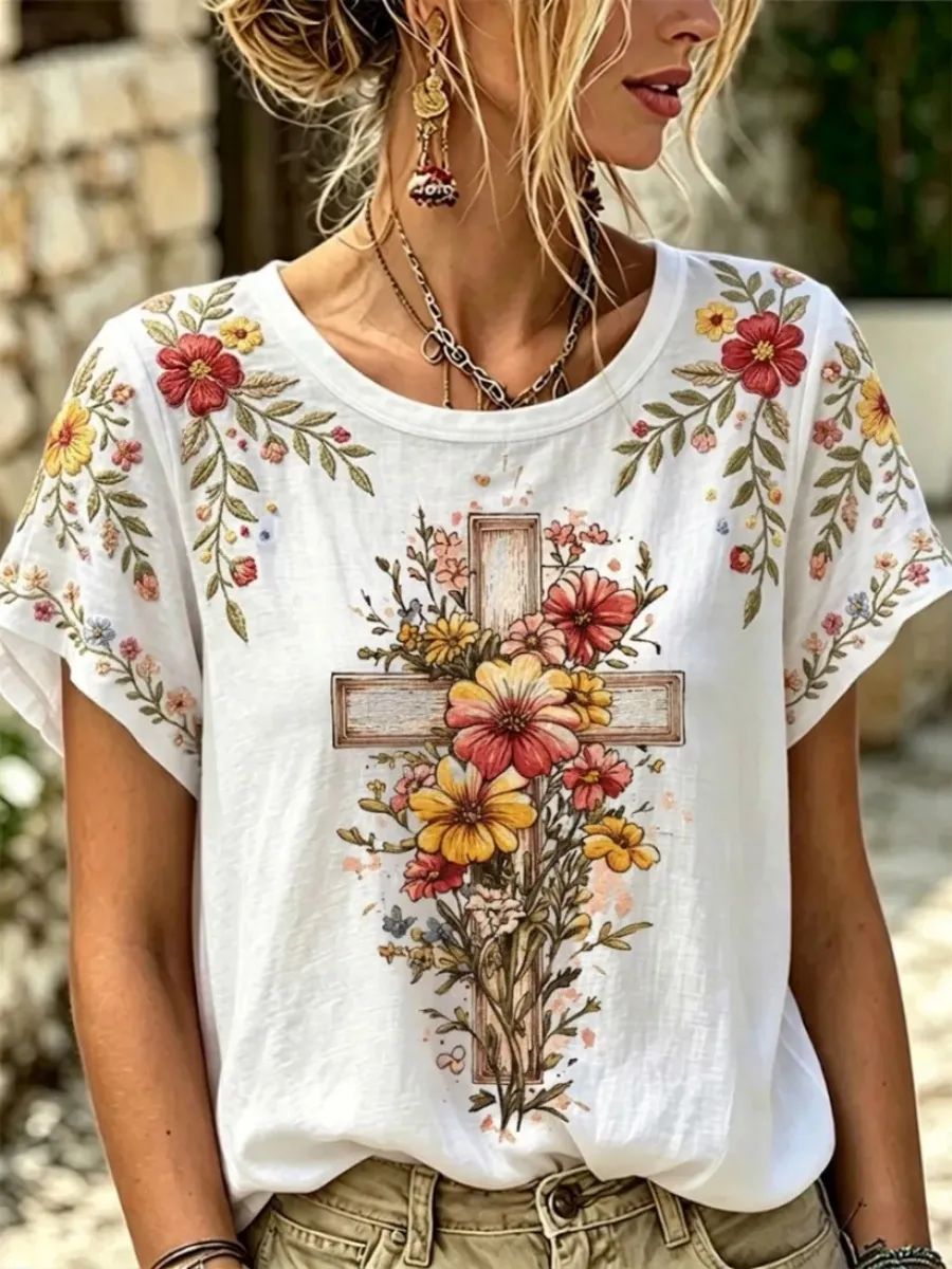 Women's Faith & Floral Art Short Sleeve Linen Shirt