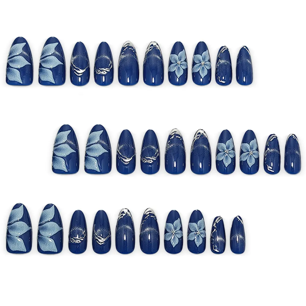 Nailhour 30Pcs Gray Blue Cat Eye Medium Almond Press On Nails