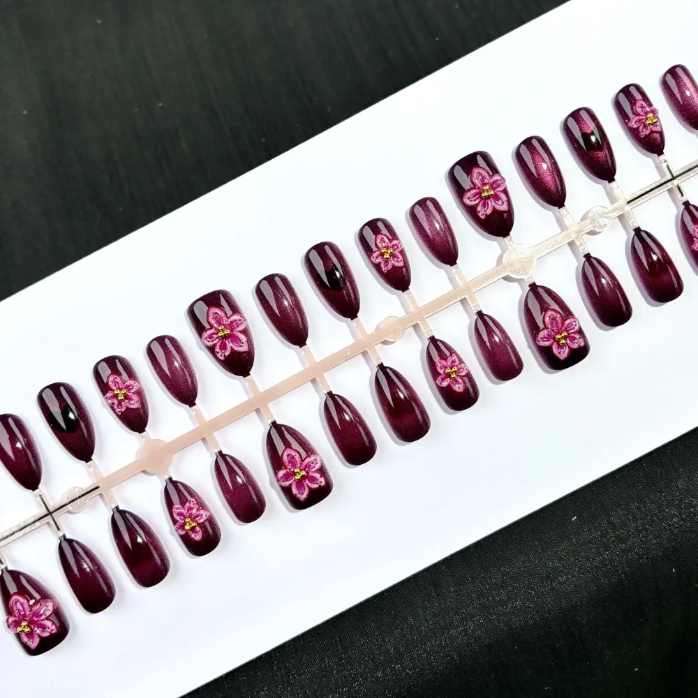 Nailhour 30Pcs Autumn Floral 3D Medium Almond French Purple Press On Nails