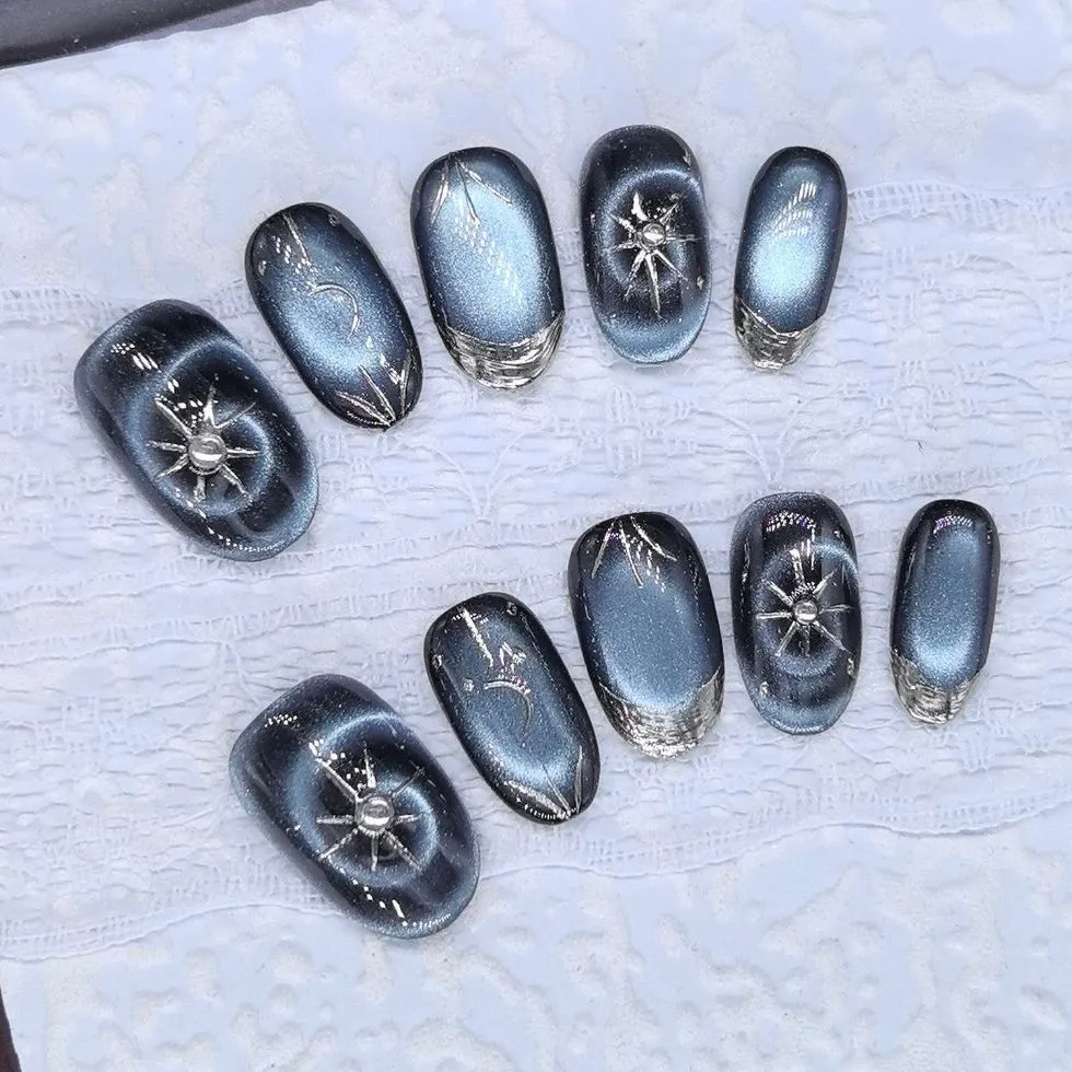 Nailhour Handmade 10pcs Blue Starry Sky Sparkling Cat Eye 3D Gilded Press On Nails