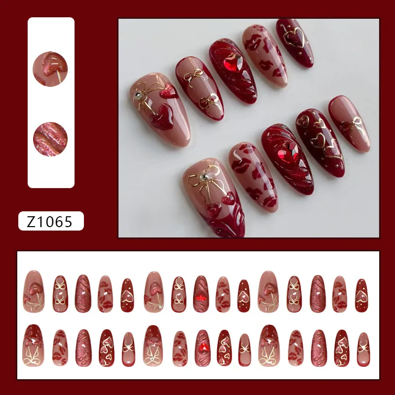 Nailhour Cat Eye Heart Cherry Bow 3D 30Pcs Handmade Red Press On Nails