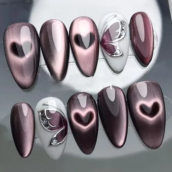 Nailhour 24Pcs Butterfly Gothic 3D Cat Eye Purple Medium Almond Press On Nails