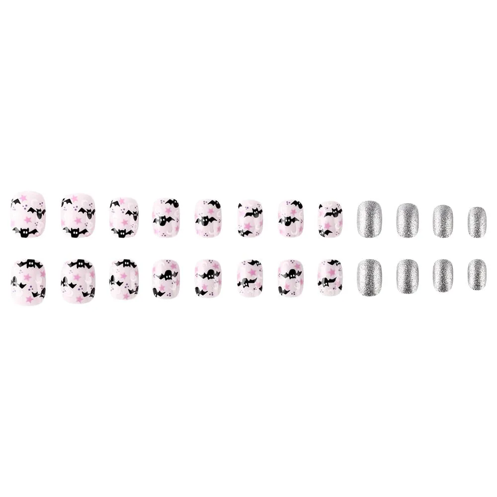 Nailhour 24Pcs Glossy Spider Glitter Halloween Short Oval Press On Nails
