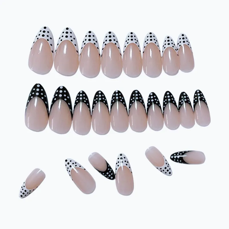 Nailhour 24pcs Polka Dots Almond French Black-white Press On Nails