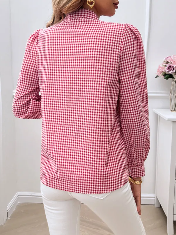 Checkered Bow Long Sleeve Blouse