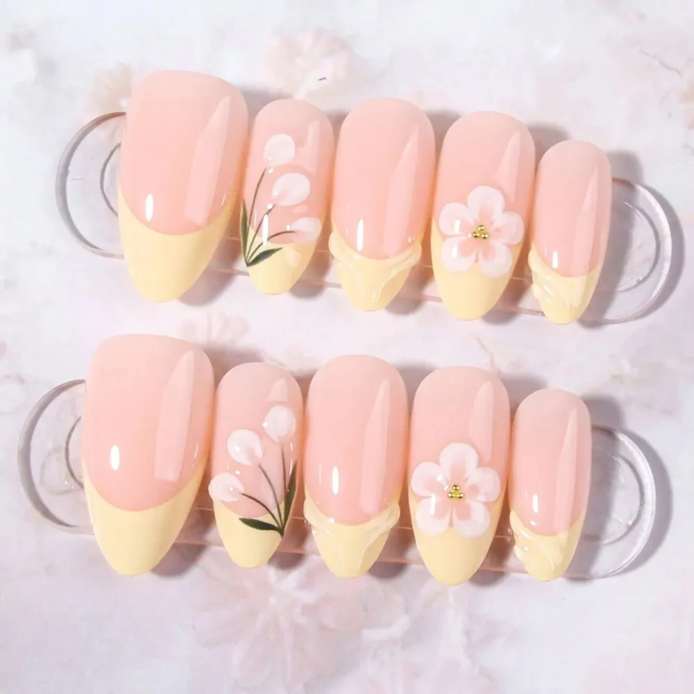Nailhour 30Pcs Yellow Floral Medium Almond Press On Nails