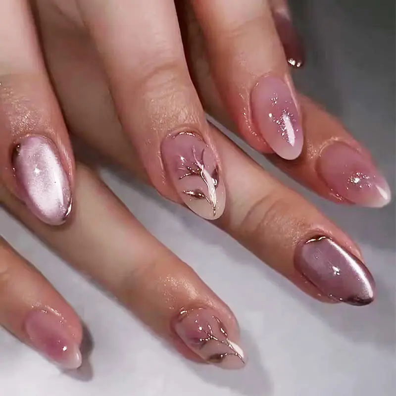 Nailhour 24Pcs Gradient Gilded Cat Eye Short Almond Press On Nails