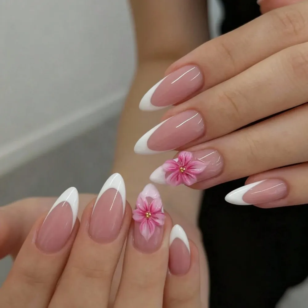 Nailhour 24Pcs French Long Almond 3D Floral Press On Nails
