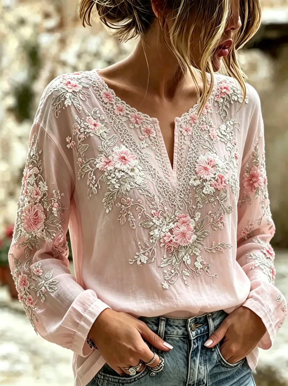 Women'S Casual Cotton Linen Flower Personality Printing V-Neck Long Sleeve T-Shirt