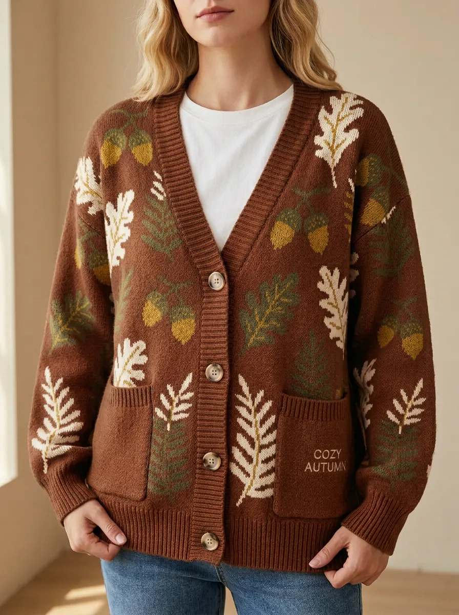 Acorn Oak Leaf Patterned Women's Knit Cardigan