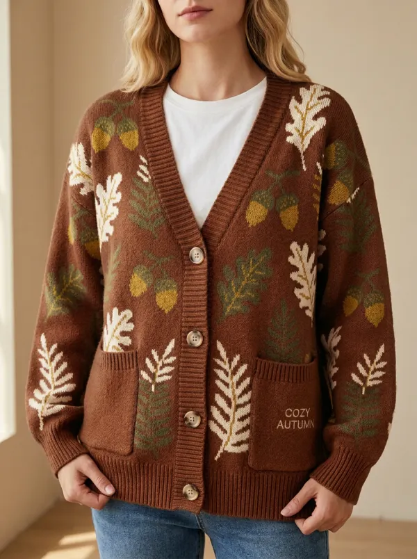 Acorn Oak Leaf Patterned Women's Knit Cardigan