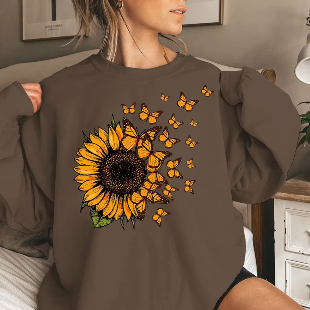 Sunflower Butterfly Accent Graphic Sweatshirts