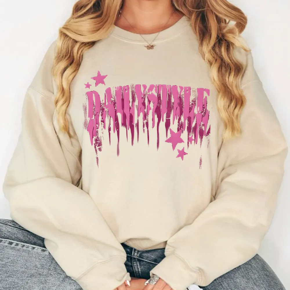 Pink Slogan And Pink Star Crew Neck Hoodies