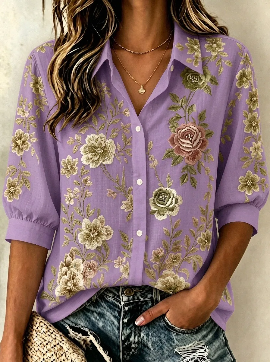 Women's Breast Cancer Awareness Floral Rose Printed Button-up Shirt
