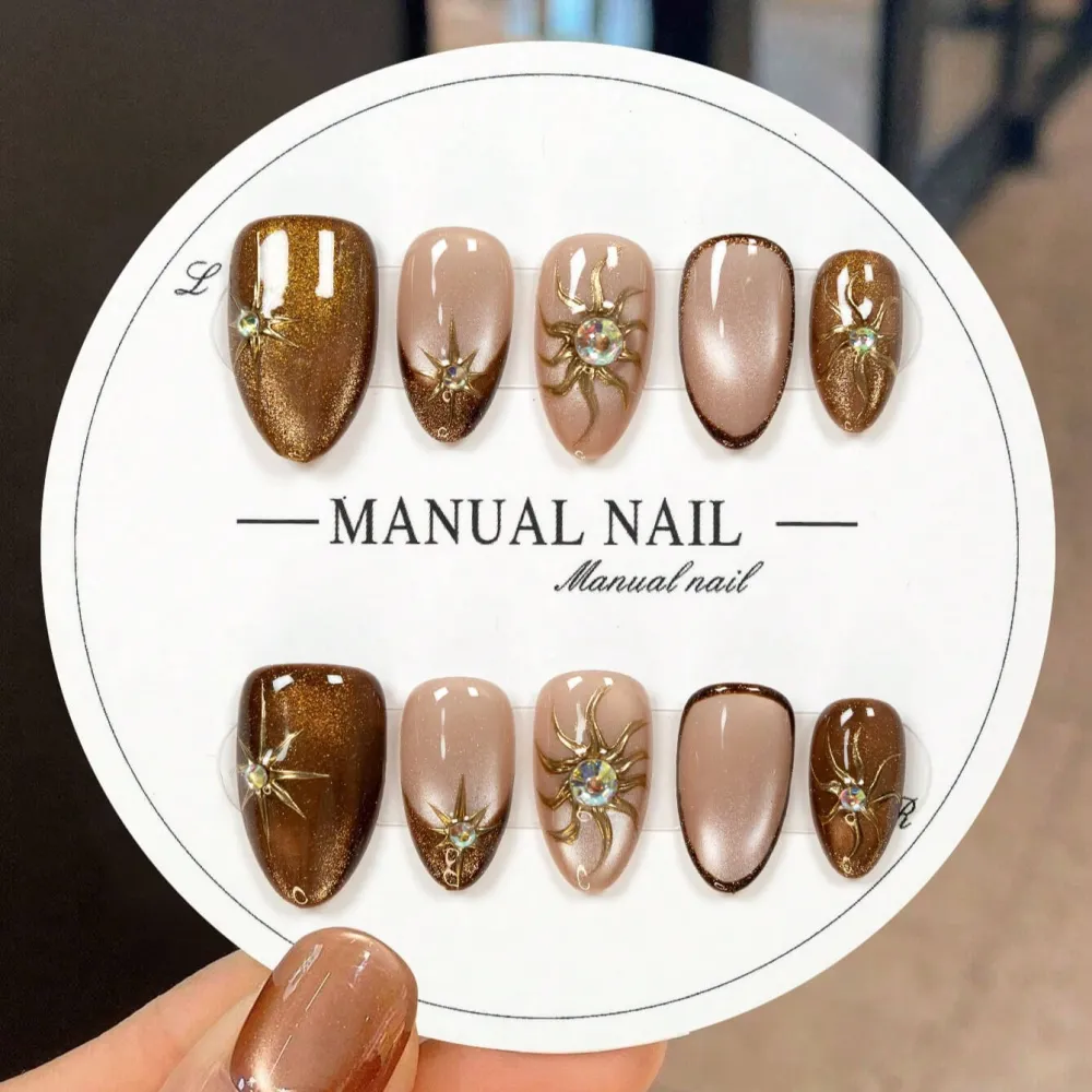 Nailhour 10Pcs Gilde Brown Medium Almond Press On Nails