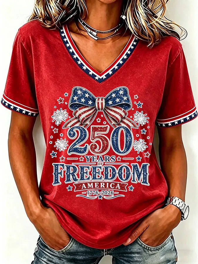 Women'S America Flag Print Casual V-Neck T-Shirt