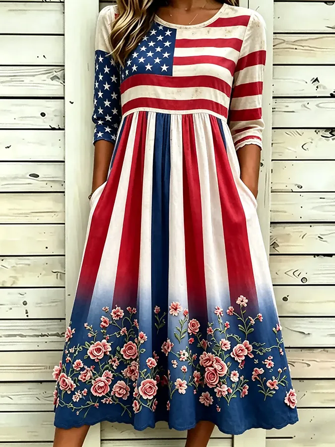 Women's National Flag Floral Print Cotton Linen Short-Sleeved Dress
