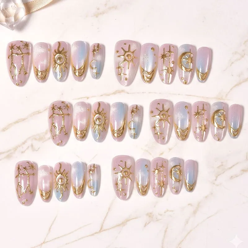 Nailhour 30Pcs Cat Eye Gradient Medium Almond French Press On Nails