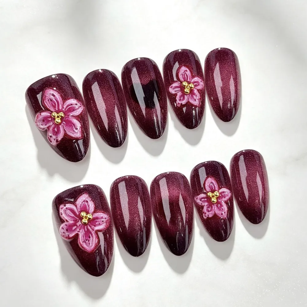 Nailhour 30Pcs Autumn Floral 3D Medium Almond French Purple Press On Nails