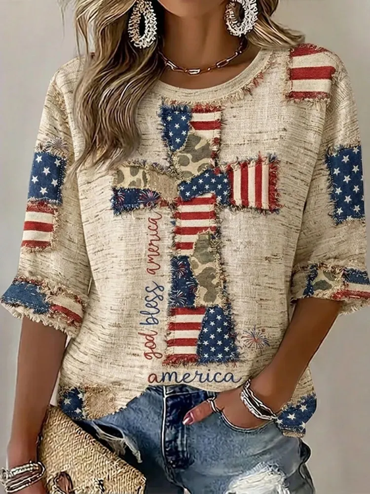 Women'S Flag, Faith, Art, Seven Quarter Sleeve Round Neck Linen Top