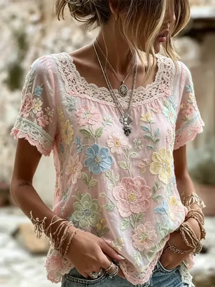 Women's casual floral print cotton and linen round neck top