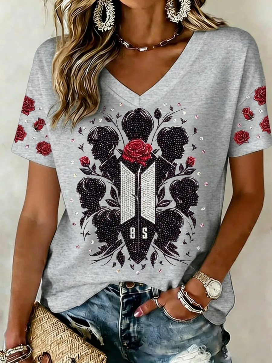 K-Pop Idol Floral Art Women's V-Neck T-Shirt