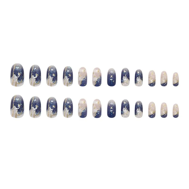Nailhour 24Pcs Blue Smudges Medium Almond French Press On Nails