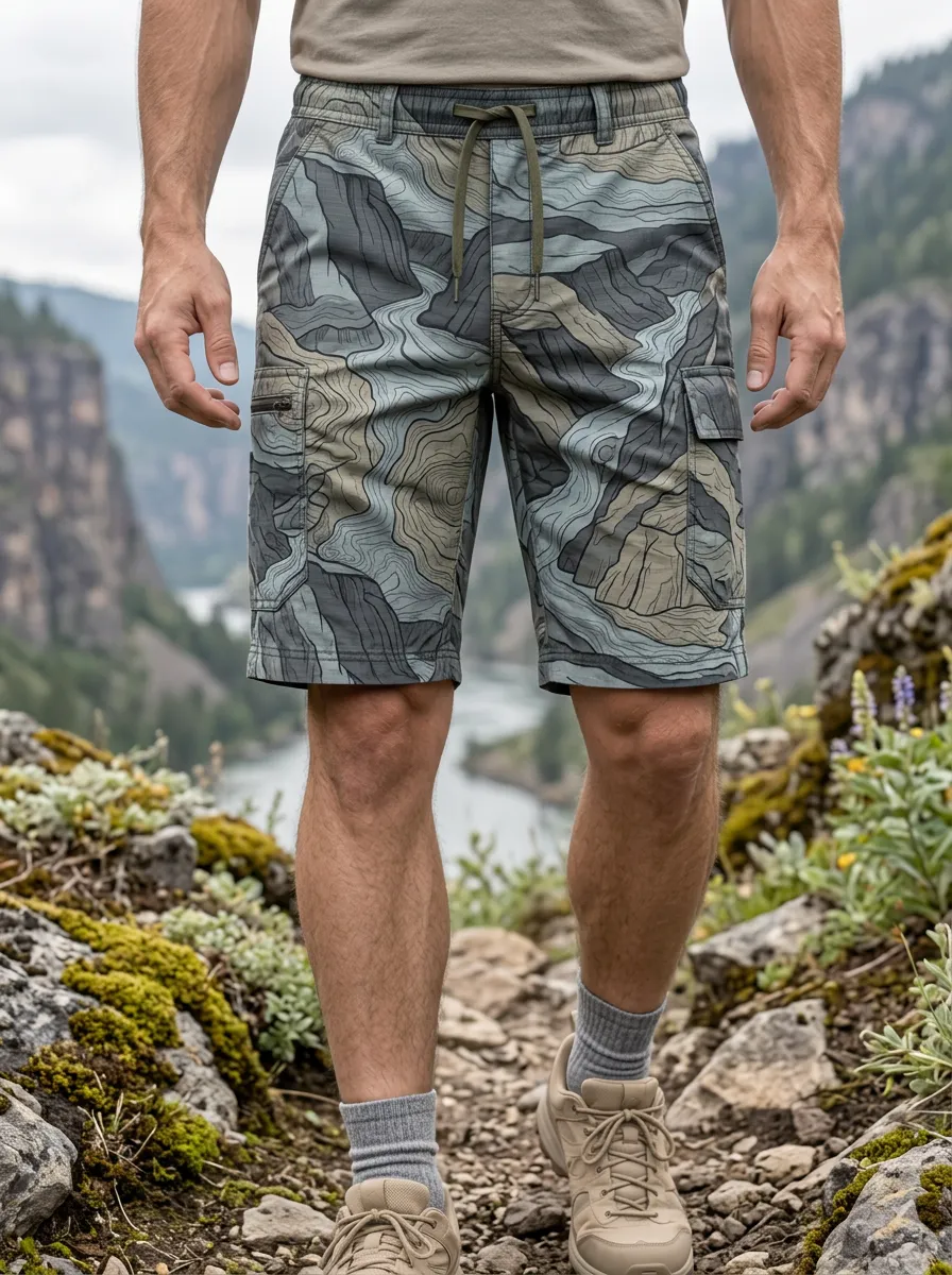 Men's Mid Rise Outdoor Hiking Topographic Map Cargo Shorts