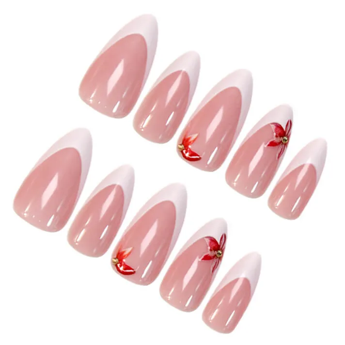 Nailhour 24Pcs French Medium Almond Pink Floral Press On Nails
