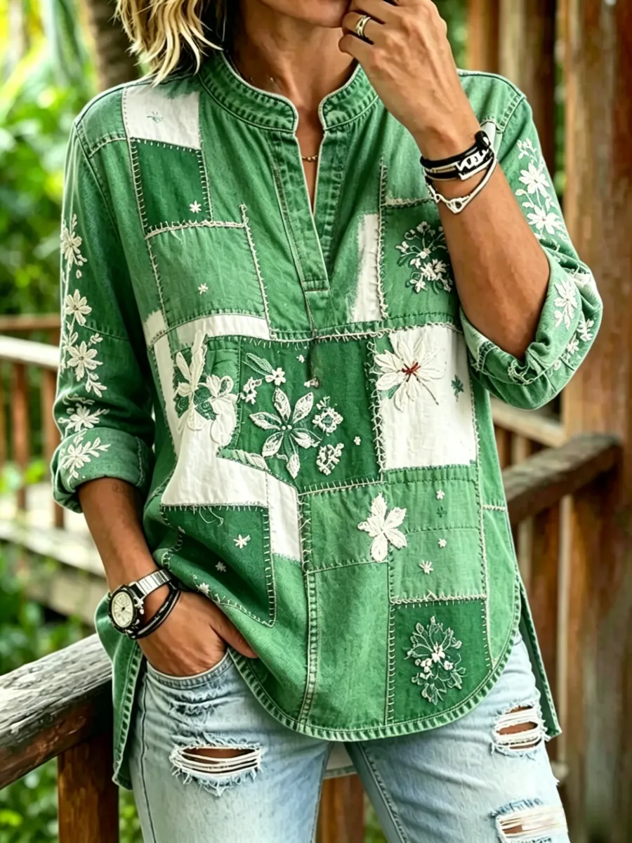 Women's retro printed casual V-neck shirt