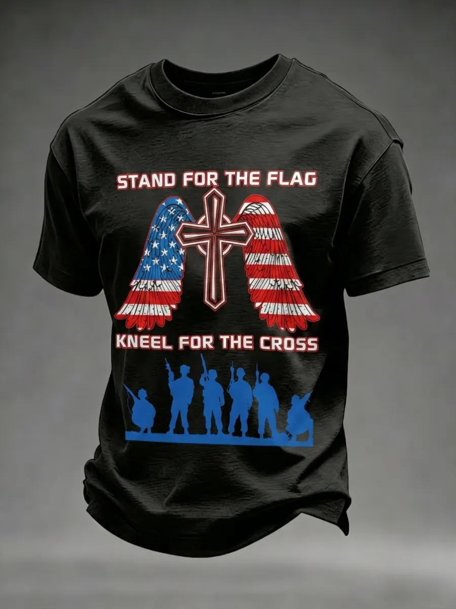 Men's America's 250th Anniversary Stand For The Flag Kneel For The Cross Faith Christian Cross Print T-Shirt