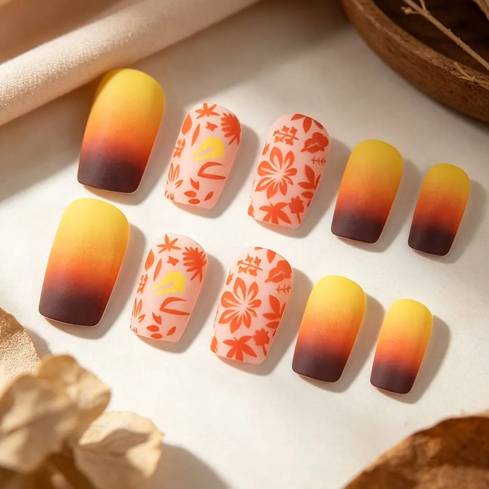 Nailhour 24Pcs Autumn Gradient Floral Medium Square Press On Nails