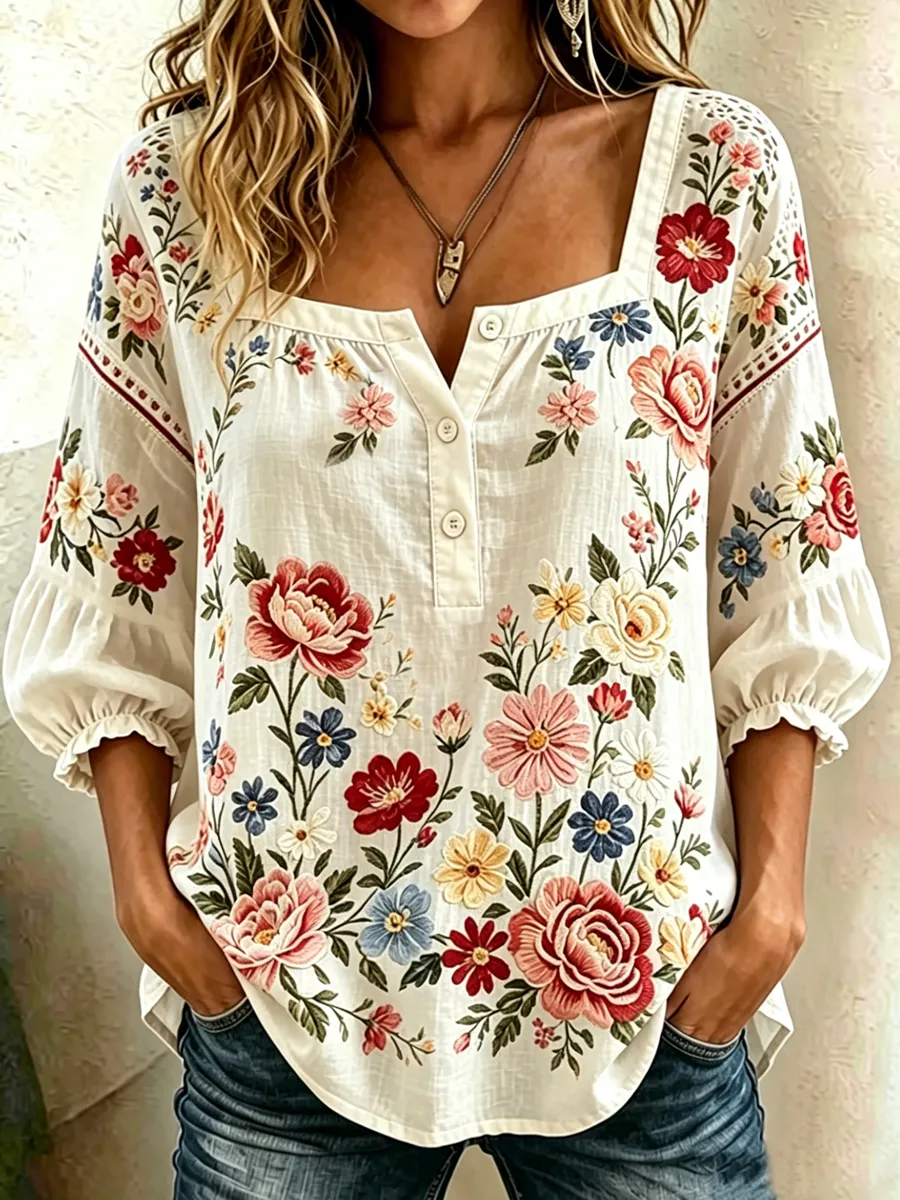 Women's Flag and Floral Print Cotton-Linen Top