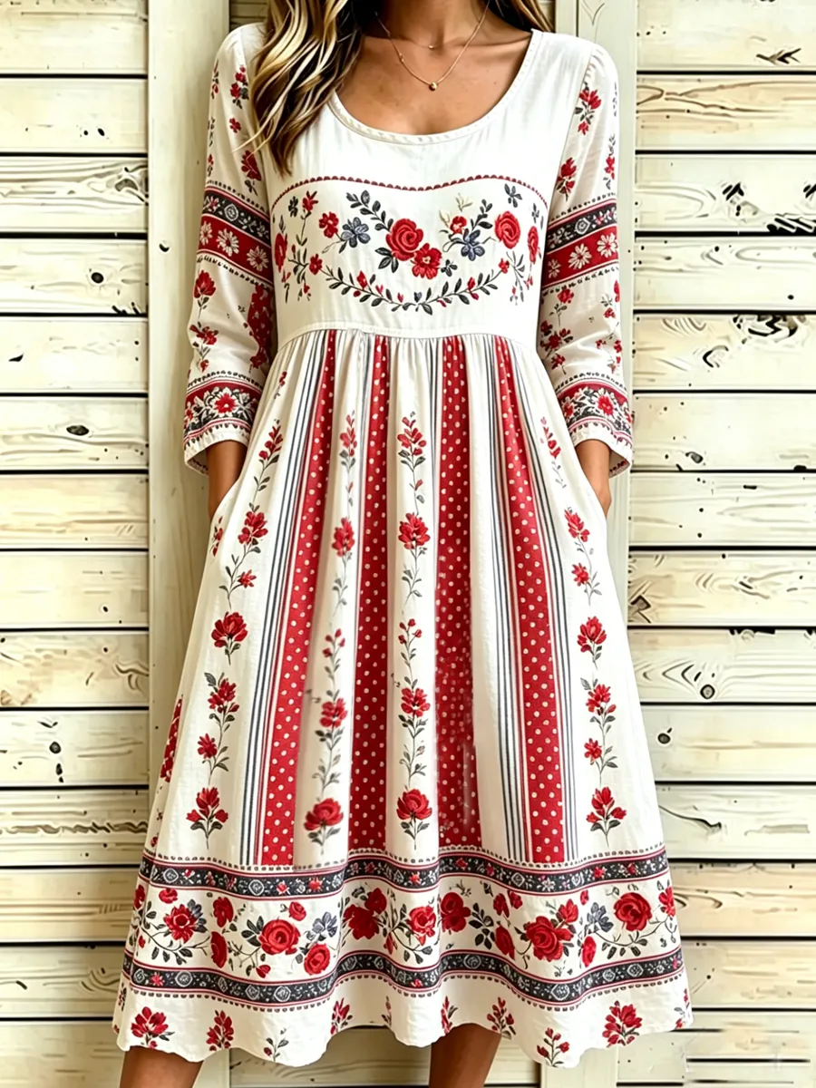 Women's Retro 250th Anniversary Flower Art Printed Dress