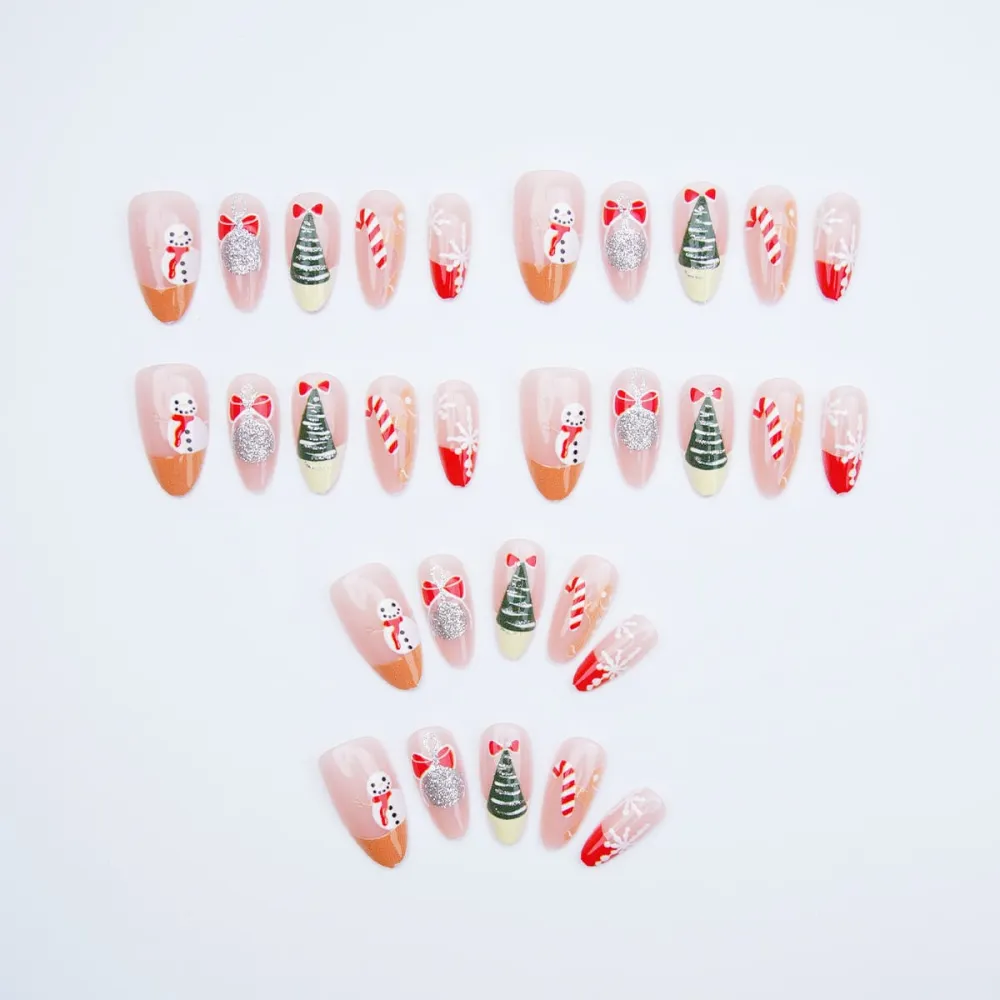 Nailhour 30Pcs Snowman 3D Christmas Tree Medium Almond French Press On Nails