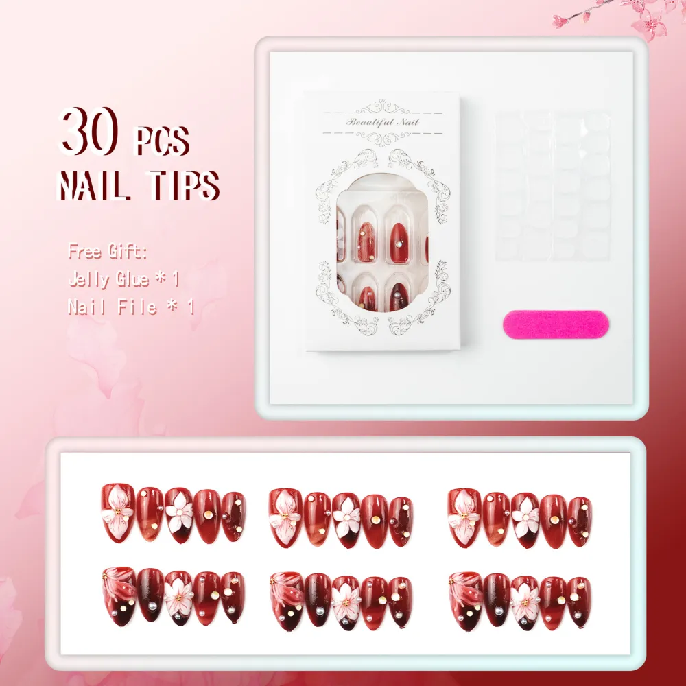 Nailhour 30Pcs Red Rhinestonee Medium Almond Press On Nails