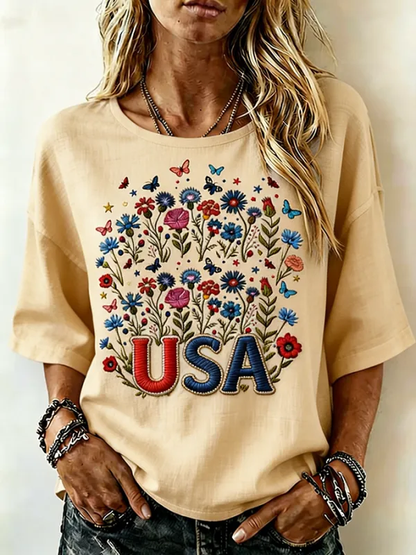 Women's USA Floral Embroidered Casual Loose Top
