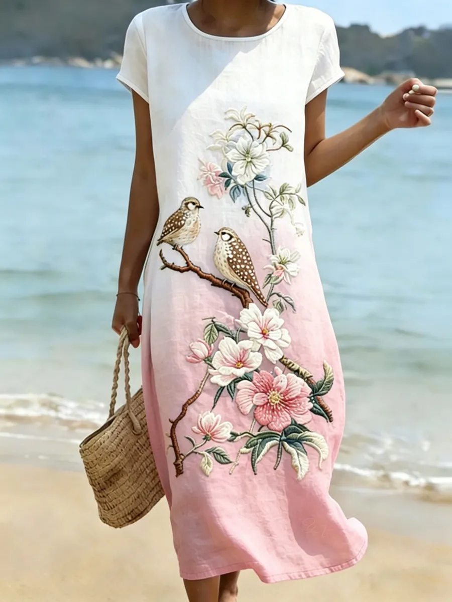 Elegant Floral and Bird Print Women's Linen Short-Sleeve Maxi Dress