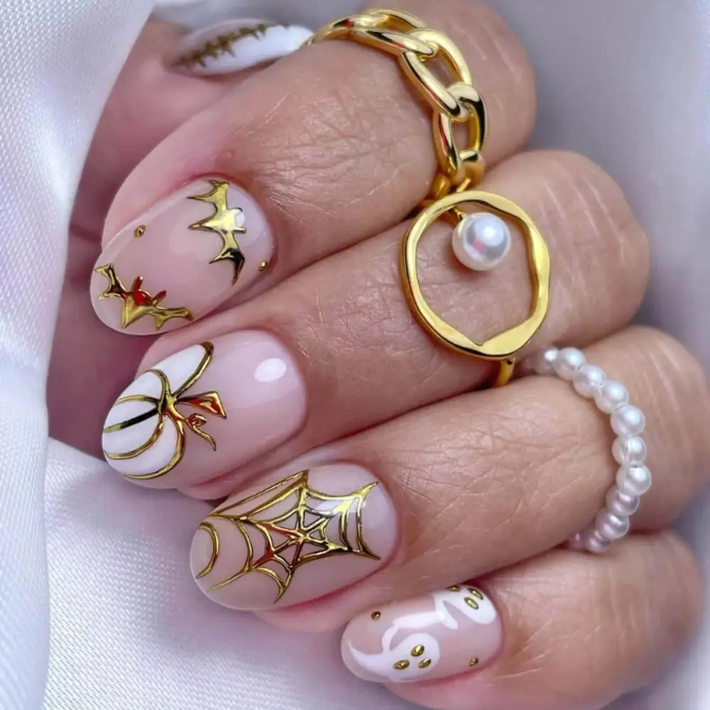 Nailhour 24Pcs Gilded Short Oval Halloween Press On Nails