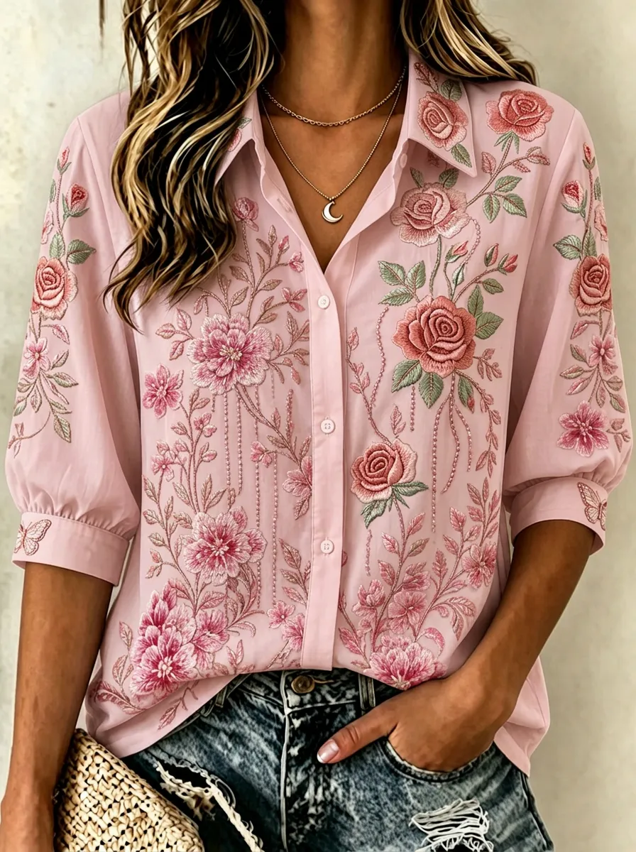 Women's Breast Cancer Awareness Pink Rose Floral Embroidered Printed Shirt