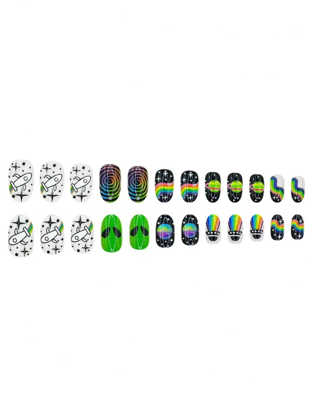 Nailhour 24Pcs Multicolor Y2K Party Short Oval Press On Nails