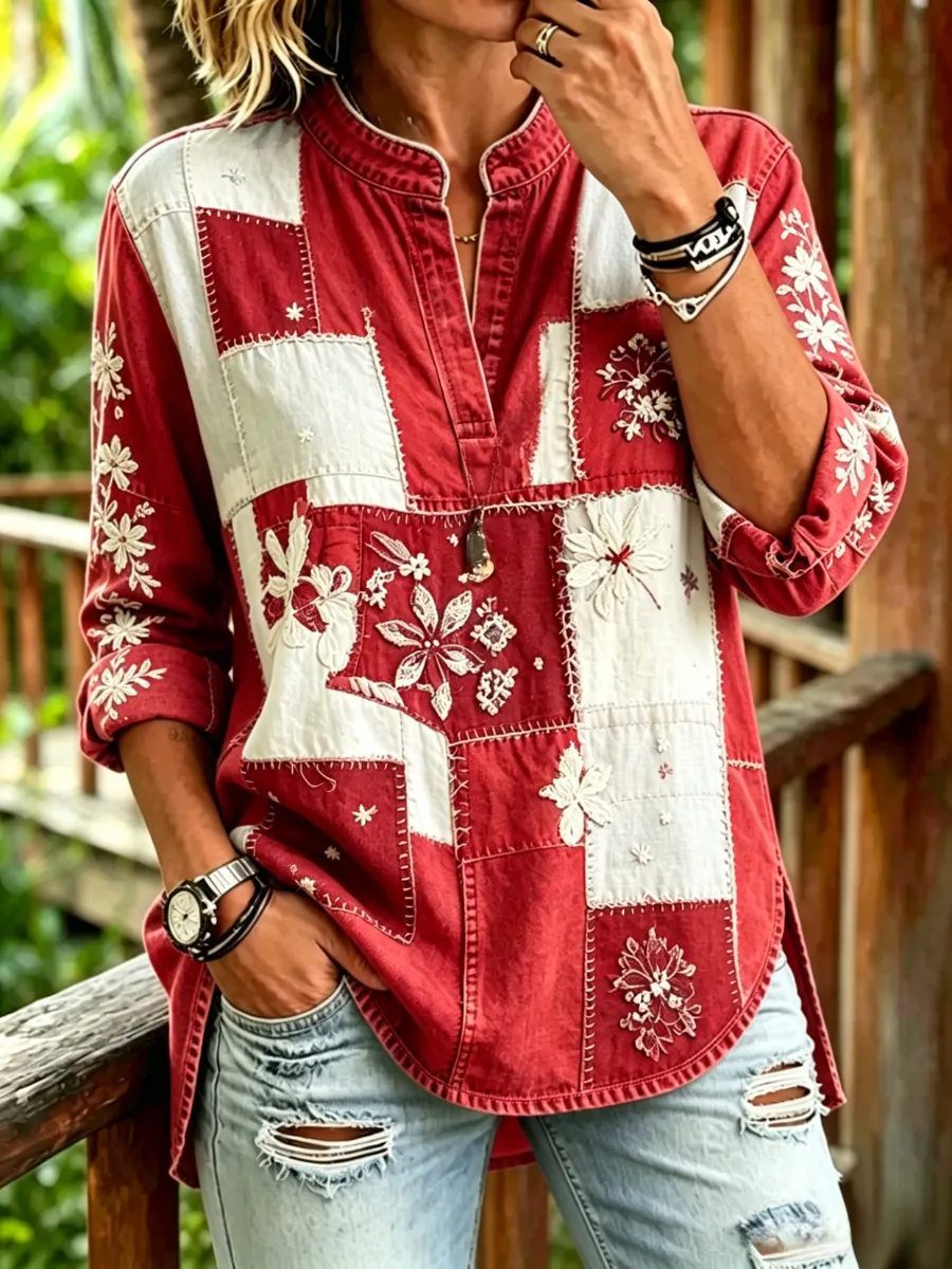 Women's retro printed casual V-neck shirt
