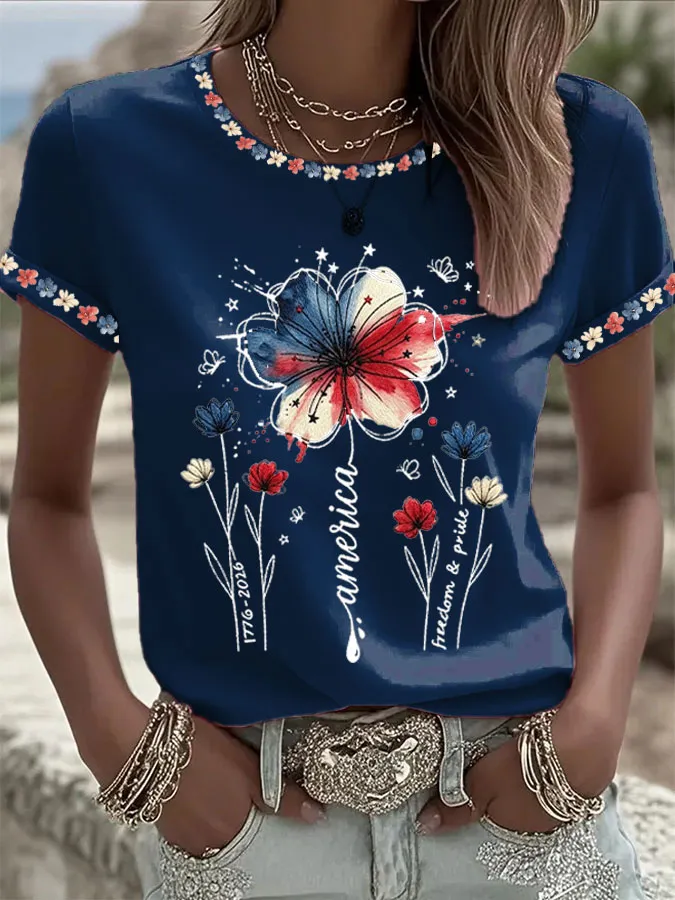 Women'S  America Flag Printed Casual T-Shirt