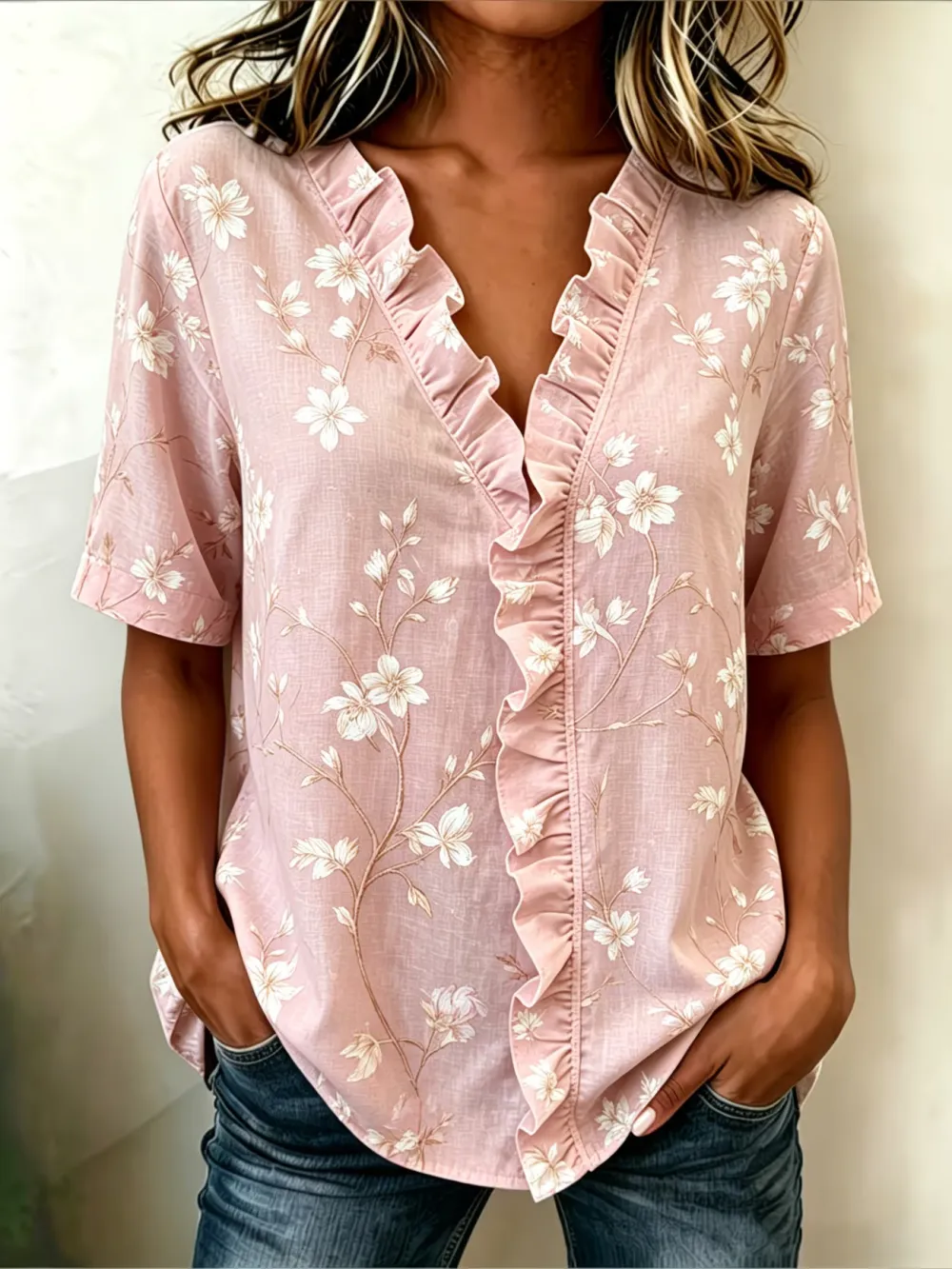 Women's Casual V-Neck Printed Cotton-Linen Top